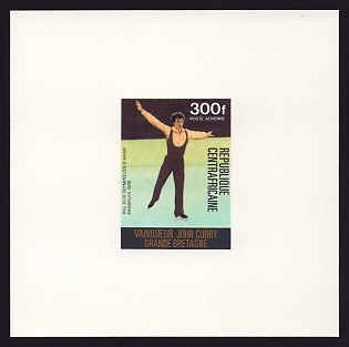 1976 300fr Central African 'Men's figure skating, John Curry, vert' Proof Sheetlet, Epreuve de Luxe, French Community Deluxe Presentation Miniature Sheet
