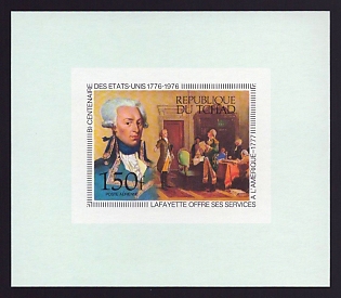 1976 150fr Chad 'Lafayette offering his services to America' Airmail Proof Sheetlet, Epreuve de Luxe, French Community Deluxe Presentation Miniature Sheet