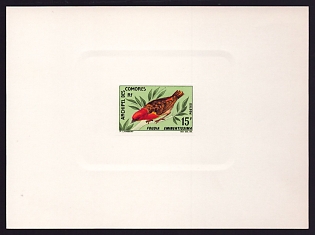 1967 15fr Comoros 'Rothschild’s fody' Sunken Proof Sheetlet, Epreuve de Luxe, French Community Deluxe Presentation Miniature Sheet