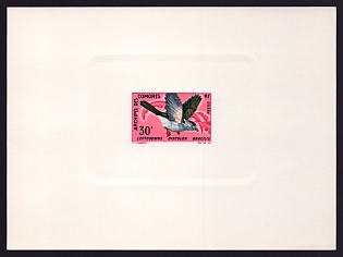 1967 30fr Comoros 'Cuckoo-roller' Sunken Proof Sheetlet, Epreuve de Luxe, French Community Deluxe Presentation Miniature Sheet