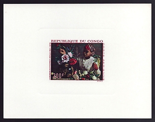 1968 200fr Congo 'Negro Woman Arranging Peonies, by Jean F. Bazille' Sunken Airmail Proof Sheetlet, Epreuve de Luxe, French Community Deluxe Presentation Miniature Sheet