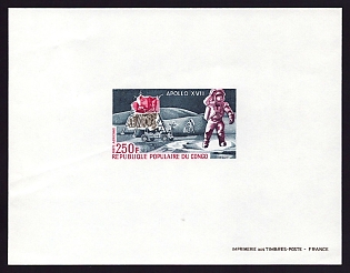 1973 250fr Congo 'Astronauts, Landing Module and Lunar Rover on Moon' Airmail Proof Sheetlet, Epreuve de Luxe, French Community Deluxe Presentation Miniature Sheet