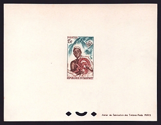 1963 15fr Dahomey 'Ouidah witch doctor, rock python' Sunken Proof Sheetlet, Epreuve de Luxe, French Community Deluxe Presentation Miniature Sheet