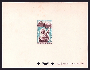 1963 85fr Dahomey 'Ganvié Woman in Canoe' Proof Sheetlet, Epreuve de Luxe, French Community Deluxe Presentation Miniature Sheet