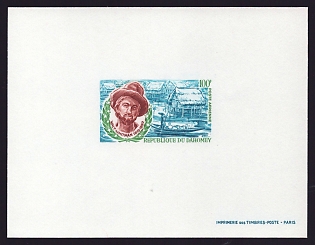 1970 100fr Dahomey 'Walt Whitman and Dahoman Huts' Airmail Proof Sheetlet, Epreuve de Luxe, French Community Deluxe Presentation Miniature Sheet