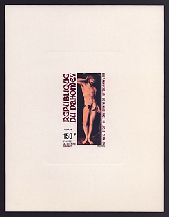 1972 150fr Dahomey 'Adam, by Lucas Cranach' Sunken Airmail Proof Sheetlet, Epreuve de Luxe, French Community Deluxe Presentation Miniature Sheet