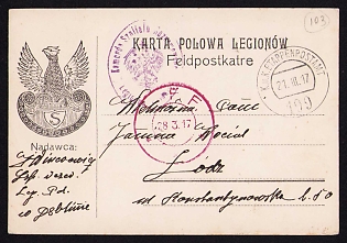 1917 (21 Mar) Polish Legion in Austro-Hungarian Army, Field Post Postcard from a Polish Soldier to Lodz, Austrian K.u.K. (Royal and Imperial) Field Post Postmark No 199, Purple Postmark of the Legion Hospital Command, Red Censorship Postmark