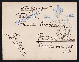 1915 (6 Aug) Polish Legion in Austro-Hungarian Army, Field Post Cover from a Polish Soldier to Prague, Austrian K.u.K. (Royal and Imperial) Field Post Postmark Piotrkow, Blue Office Postmark of the 2nd Brigade, Blue Censorship Postmark
