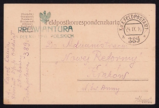1916 (24 Sep) Polish Legion in Austro-Hungarian Army, Field Post Postcard from a Polish Soldier to Krakow, Austrian K.u.K. (Royal and Imperial) Field Post Postmark No 389, Green Postmark of the Commissariat of the 5th Infantry Regiment of the Polish Legions