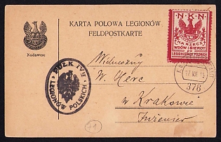 1915 (17 Jul) Polish Legion in Austro-Hungarian Army, Field Post Postcard from a Polish Soldier to Krakow, Austrian K.u.K. (Royal and Imperial) Field Post Postmark No 378, Black Postmark of the 4th Infantry Regiment of the Legions, Red charity stamp of the Polish National Supreme Committee