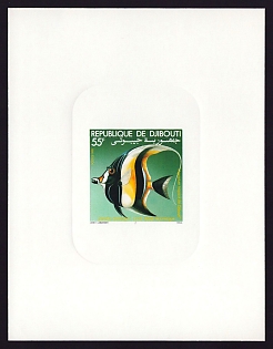 1981 55fr Djibouti 'Moorish idol' Sunken Proof Sheetlet, Epreuve de Luxe, French Community Deluxe Presentation Miniature Sheet