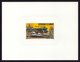 1981 40fr Djibouti 'Steam Locomotive, Germany, 1958 and Amtrak, US' Sunken Proof Sheetlet, Epreuve de Luxe, French Community Deluxe Presentation Miniature Sheet