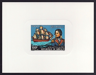 1981 100fr Djibouti 'Lord Nelson and Victory' Sunken Proof Sheetlet, Epreuve de Luxe, French Community Deluxe Presentation Miniature Sheet