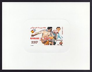 1982 220fr Djibouti 'World Cup Soccer' Sunken Airmail Proof Sheetlet, Epreuve de Luxe, French Community Deluxe Presentation Miniature Sheet