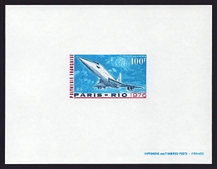 1976 100fr French Polynesia 'Concorde' Airmail Proof Sheetlet, Epreuve de Luxe, French Community Deluxe Presentation Miniature Sheet