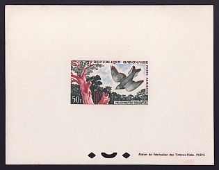 1961 50fr Gabon 'Lyre-tailed Honey Guide' Airmail Proof Sheetlet, Epreuve de Luxe, French Community Deluxe Presentation Miniature Sheet