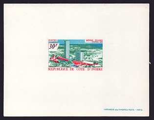 1969 30fr Ivory Coast 'Opening of Hotel lvoire, Abidjan' Proof Sheetlet, Epreuve de Luxe, French Community Deluxe Presentation Miniature Sheet