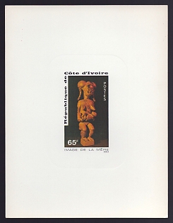 1976 65fr Ivory Coast 'Baoule Mother and Child, Carved in Wood' Sunken Proof Sheetlet, Epreuve de Luxe, French Community Deluxe Presentation Miniature Sheet