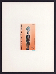 1976 25fr Ivory Coast 'Senufo Statuette' Sunken Proof Sheetlet, Epreuve de Luxe, French Community Deluxe Presentation Miniature Sheet