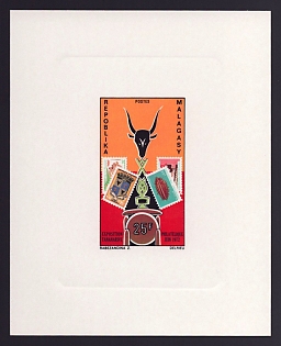 1972 25fr Malagasy 'Emblem and Stamps of Madagascar' Sunken Proof Sheetlet, Epreuve de Luxe, French Community Deluxe Presentation Miniature Sheet
