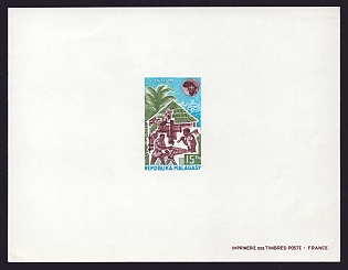 1974 15fr Malagasy 'Scouts building house; African Scout emblem' Proof Sheetlet, Epreuve de Luxe, French Community Deluxe Presentation Miniature Sheet