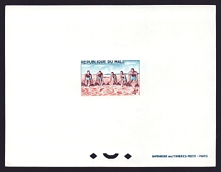 1966 4fr Mali 'Group fishing with large net' Proof Sheetlet, Epreuve de Luxe, French Community Deluxe Presentation Miniature Sheet