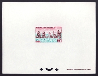 1966 60fr Mali 'Group fishing with large net' Proof Sheetlet, Epreuve de Luxe, French Community Deluxe Presentation Miniature Sheet