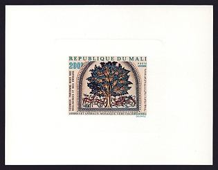 1970 200fr Mali 'Tree, and lion killing deer, mosaic, Jordan' Sunken Airmail Proof Sheetlet, Epreuve de Luxe, French Community Deluxe Presentation Miniature Sheet