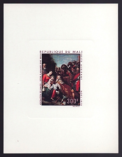 1970 300fr Mali 'Adoration of the Kings, Flemish School, 17th cent' Sunken Airmail Proof Sheetlet, Epreuve de Luxe, French Community Deluxe Presentation Miniature Sheet