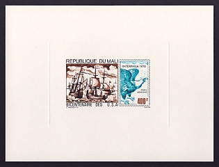 1976 400fr Mali 'Revolutionary War naval battle and American eagle' Sunken Airmail Proof Sheetlet, Epreuve de Luxe, French Community Deluxe Presentation Miniature Sheet