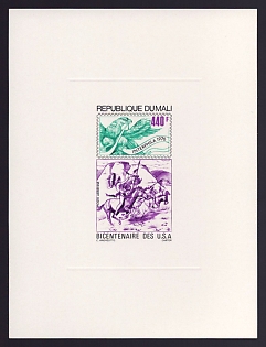 1976 440fr Mali 'Indians on horseback and American eagle, vert' Sunken Airmail Proof Sheetlet, Epreuve de Luxe, French Community Deluxe Presentation Miniature Sheet