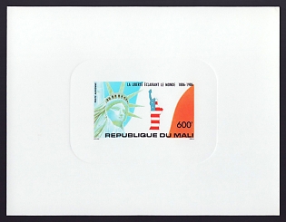 1986 600fr Mali 'Statue of Liberty, Cent' Sunken Airmail Proof Sheetlet, Epreuve de Luxe, French Community Deluxe Presentation Miniature Sheet