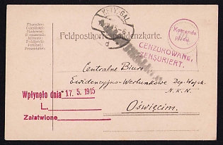 1915 (12 May) Polish Legion in Austro-Hungarian Army, Multilingual Field Post Postcard to the Central Evidence and Publicity Office of the Military Department of the Supreme National Committee, Green and Purple Registry Postmarks of the Military Department of the Supreme National Committee, Red Registration Postmark, Purple Censorship Postmark