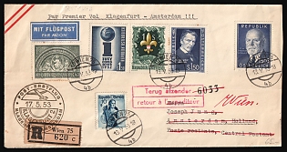1953 (13 May) Republic of Austria, First Flight Cover from Wien to Amsterdam via Klagenfurt, with Returned shipment to Wien, franked with a 10 g, 1s, 1.25s, 1.5s, 1.5s and 1.5s, with Airmail Label, with white registration label, with paper Censorship tape on back side, with purple round-shaped Censorship handstamp on back side