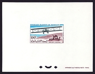 1966 100fr Mauritania 'Goliath Farman, and camel caravan' Airmail Proof Sheetlet, Epreuve de Luxe, French Community Deluxe Presentation Miniature Sheet