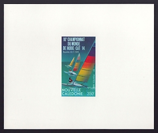 1989 350fr New Caledonia 'Hobie-Cat 14 10th World Championships, Nov. 3, Noumea' Proof Sheetlet, Epreuve de Luxe, French Community Deluxe Presentation Miniature Sheet
