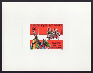 1977 60fr Niger 'Traditional chief's cavalry, different groups' Sunken Proof Sheetlet, Epreuve de Luxe, French Community Deluxe Presentation Miniature Sheet