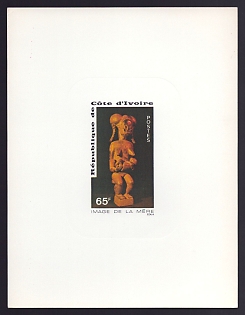 1976 65fr Ivory Coast 'Baoule Mother and Child, Carved in Wood' Sunken Proof Sheetlet, Epreuve de Luxe, French Community Deluxe Presentation Miniature Sheet