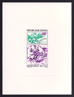 1976 440fr Mali 'Indians on horseback and American eagle, vert' Sunken Airmail Proof Sheetlet, Epreuve de Luxe, French Community Deluxe Presentation Miniature Sheet