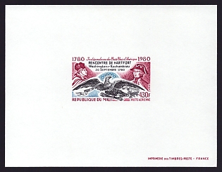 1980 430fr Mali 'Rochambeau and George Washington, eagle' Airmail Proof Sheetlet, Epreuve de Luxe, French Community Deluxe Presentation Miniature Sheet