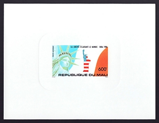 1986 600fr Mali 'Statue of Liberty, Cent' Sunken Airmail Proof Sheetlet, Epreuve de Luxe, French Community Deluxe Presentation Miniature Sheet