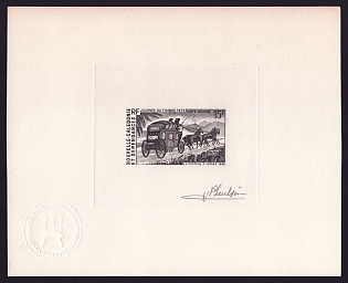 1973 15fr New Caledonia 'Coach, 1880' Sunken Airmail Die Proof Sheetlet, Epreuve de Luxe, French Community Deluxe Presentation Miniature Sheet