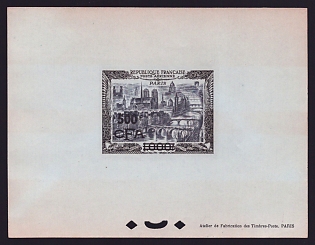 1949-51 500fr Reunion 'Air View of Paris' Airmail Trial Color Proof Sheetlet, Epreuve de Luxe, French Community Deluxe Presentation Miniature Sheet