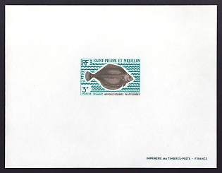 1972 3fr Saint Pierre and Miquelon 'Hippoglossoides platessoides' Proof Sheetlet, Epreuve de Luxe, French Community Deluxe Presentation Miniature Sheet