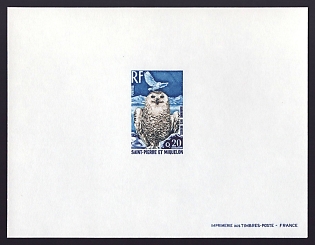 1973 20c Saint Pierre and Miquelon 'Snow owl' Proof Sheetlet, Epreuve de Luxe, French Community Deluxe Presentation Miniature Sheet