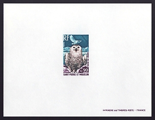 1973 90c Saint Pierre and Miquelon 'Snow owl' Proof Sheetlet, Epreuve de Luxe, French Community Deluxe Presentation Miniature Sheet