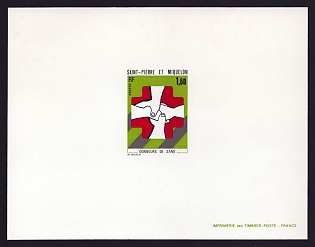1974 1.50fr Saint Pierre and Miquelon 'Clasped Hands over Red Cross' Proof Sheetlet, Epreuve de Luxe, French Community Deluxe Presentation Miniature Sheet