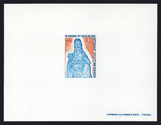 1975 60c Saint Pierre and Miquelon 'Mother and Child, Wood Carving' Proof Sheetlet, Epreuve de Luxe, French Community Deluxe Presentation Miniature Sheet