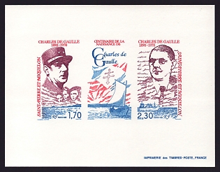 1990 1.70-2.30fr Saint Pierre and Miquelon 'Charles de Gaulle (1890-1970)' Compound Proof Sheetlet, Epreuve de Luxe, French Community Deluxe Presentation Miniature Sheet