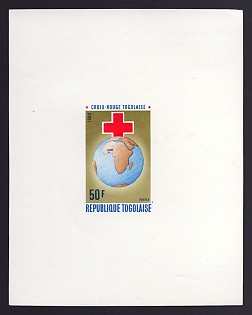 1980 50fr Togo 'Red Cross over Globe Showing Lome, Togo' Proof Sheetlet, Epreuve de Luxe, French Community Deluxe Presentation Miniature Sheet